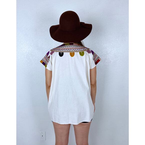 vintage 70s Cream EMBROIDERED STAR Mexican TOP os earth tone boho hippie Oaxacan - Picture 9 of 10